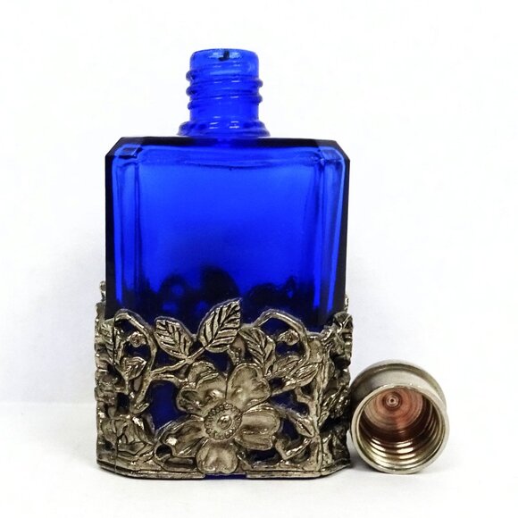 Vintage Cobalt Blue Art Nouveau Perfume Glass Bottle Silver Tone Floral Overlay - Picture 3 of 7